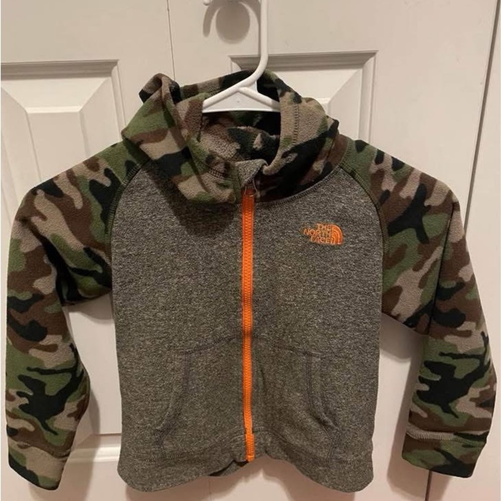 The North Face Kids Gray and Camo Hoodie with Orange Accents